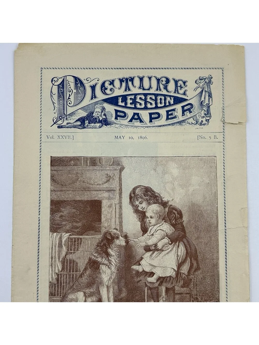 Antique 1896 Picture Lesson Paper Victorian Child Dog Engraving Print Art    C21